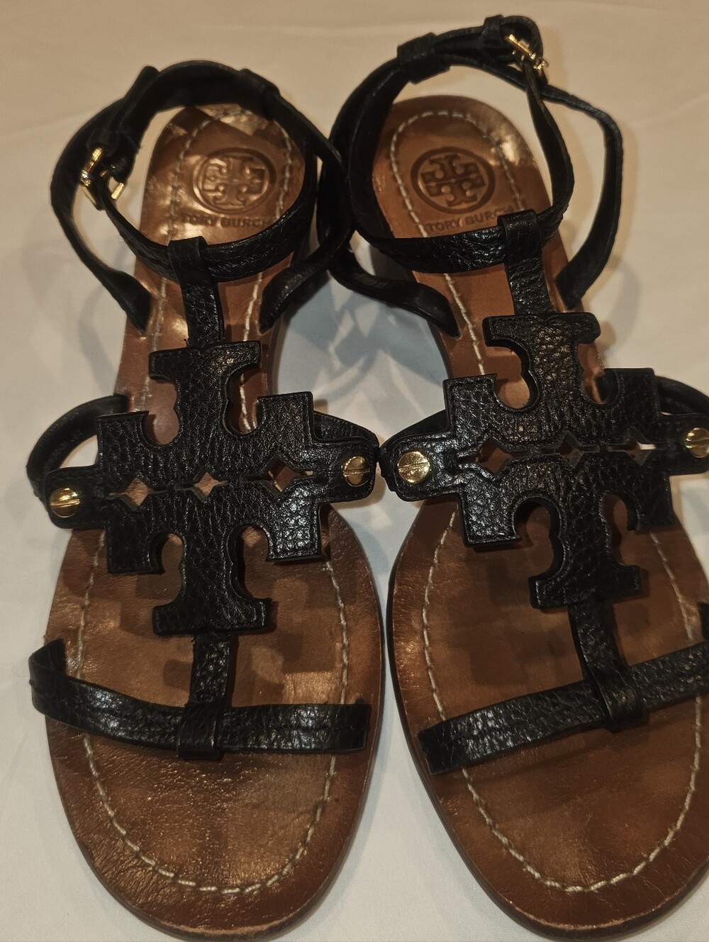 TORY BURCH Chandler tumbled leather block heel black sandals, 6.5